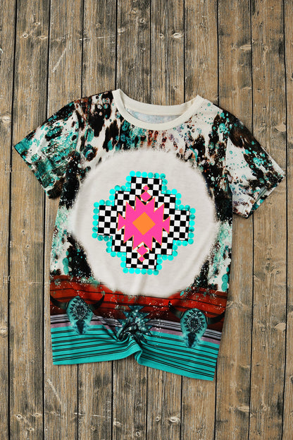 Green Tie Dye Checkerboard Aztec Graphic Crewneck T Shirt