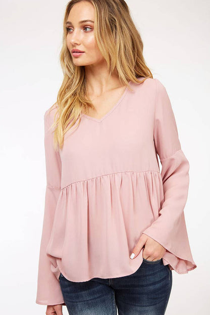 Pink V-Neck Bell Sleeve Back-Tie Ruffled Blouse