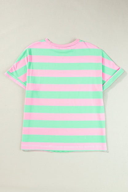 Pink Stripe Colorblock Cuffed Sleeve Loose Tee