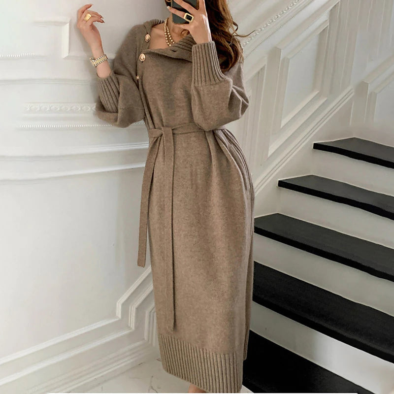 Women's Sweater Dress Jumper Dress Winter Dress Knee Length Dress Knitwear Stylish Mature Pure Color Outdoor Winter Dress Holiday Weekend Turtleneck Long Sleeve Tie Front Button Knit 2023 Loose Fit