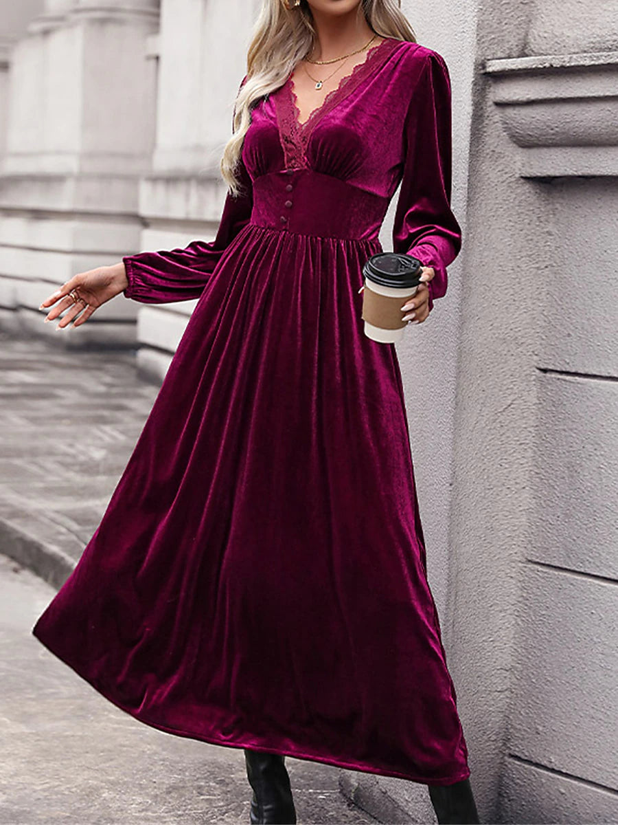 Women's Velvet Dress Casual Dress Winter Dress Long Dress Maxi Dress Lace Ruched Daily Date Elegant Fashion V Neck Long Sleeve Wine Color