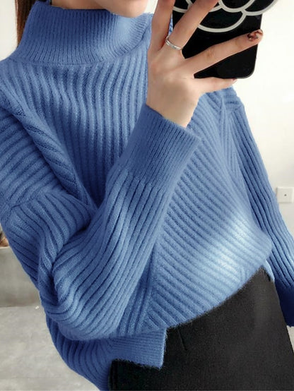 Women's Pullover Sweater Jumper Stand Collar Ribbed Knit Spandex Yarns Patchwork Split Fall Winter Regular Outdoor Daily Going out Stylish Casual Soft Long Sleeve Solid Color Black White Yellow