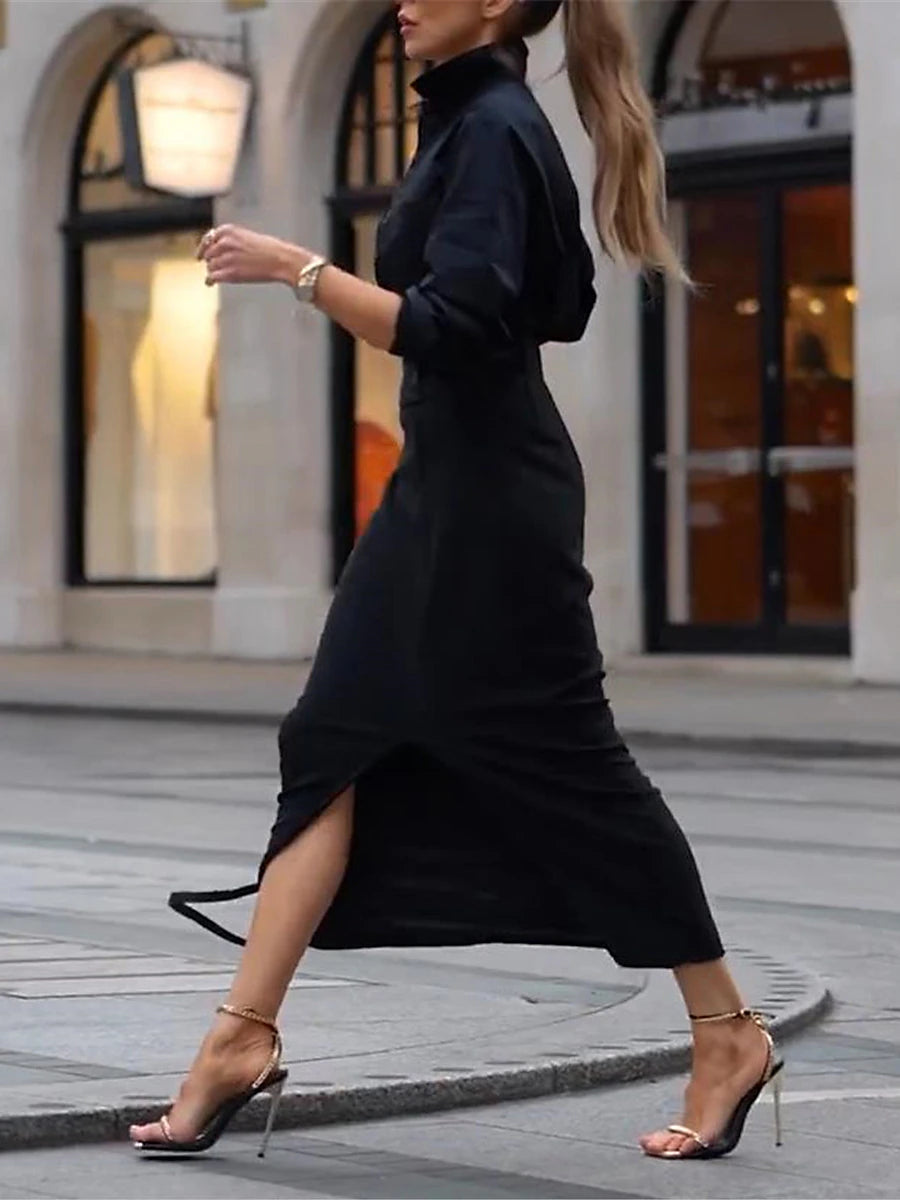 Women's Two Piece Dress Set Shirt Dress Casual Dress Outdoor Office Fashion Basic Button Split Long Dress Maxi Dress Shirt Collar Long Sleeve Plain Loose Fit Black Spring Fall S M L XL 2XL