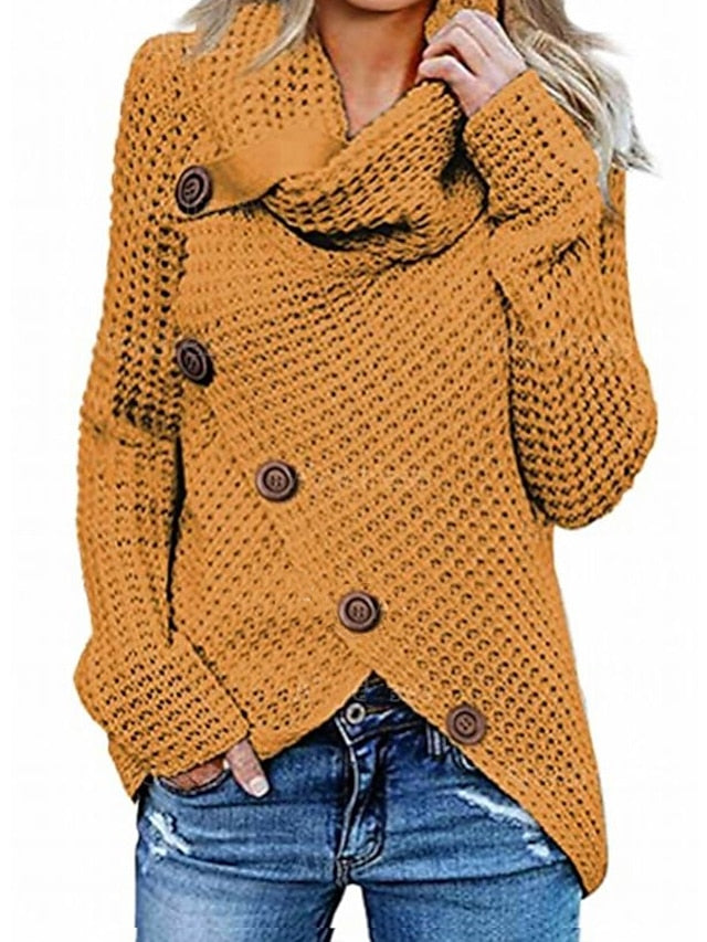 Women's Sweater Knitted Button Solid Color Casual Long Sleeve Regular Fit Sweater Cardigans Turtleneck Fall Winter Dark Yellow Green White