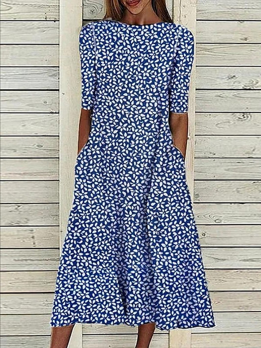 Women's Casual Dress Shift Dress Midi Dress Blue Half Sleeve Floral Loose Spring Summer Crew Neck Basic 2023 3XL - LuckyFash™