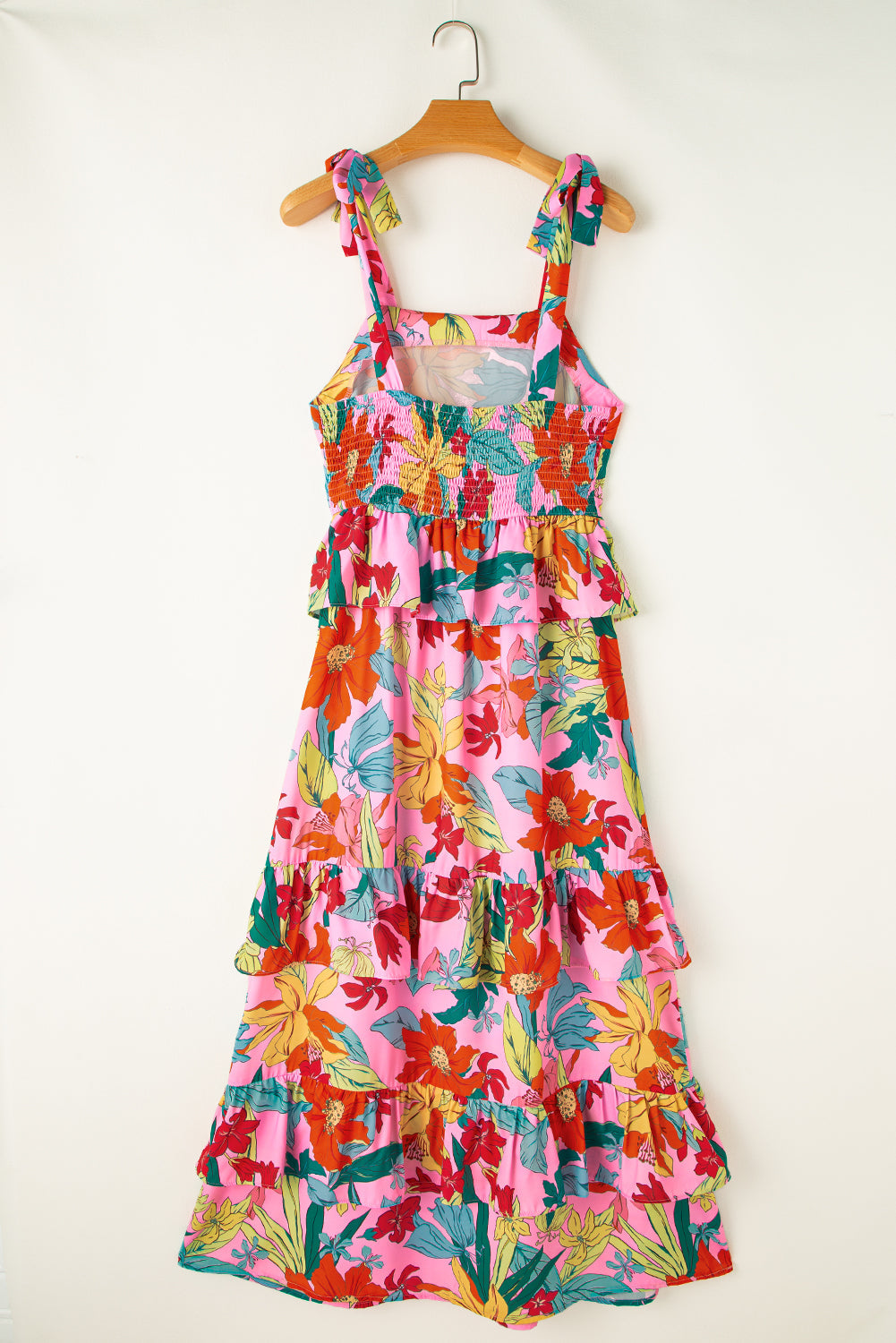 Multicolour Floral Print Shirred Backless Tiered Ruffled Maxi Dress