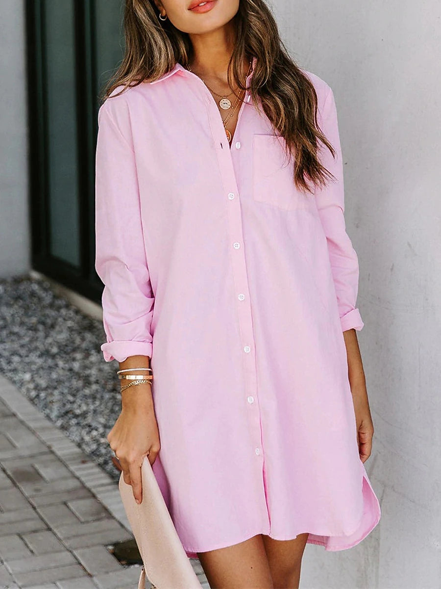 Women's Shirt Dress Casual Dress Shift Dress Mini Dress Business Date Polyester Modern Casual Shirt Collar Button Pocket Long Sleeve Fall Winter Loose Fit White Pink Navy Blue Pure Color S M L XL 2XL