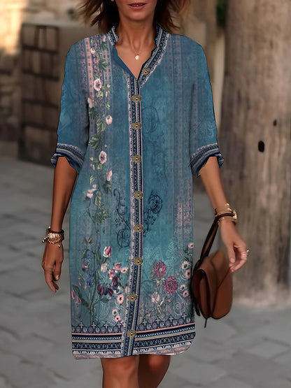 Women's Shirt Dress Casual Dress Cotton Linen Dress Midi Dress Button Print Daily Vacation Shirt Collar 3/4 Length Sleeve Summer Spring Fall Black Red Floral