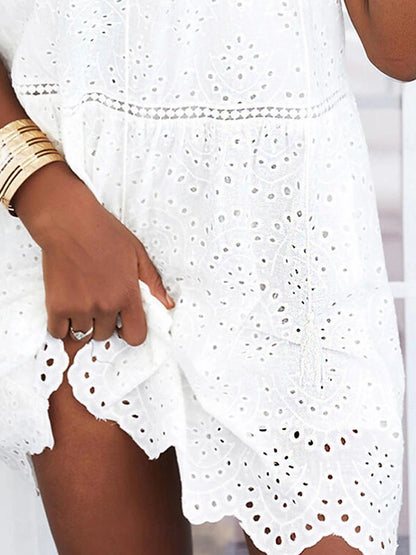 Women's White Dress Lace Dress Casual Dress Mini Dress Lace Patchwork Date Streetwear Basic V Neck Sleeveless White Color