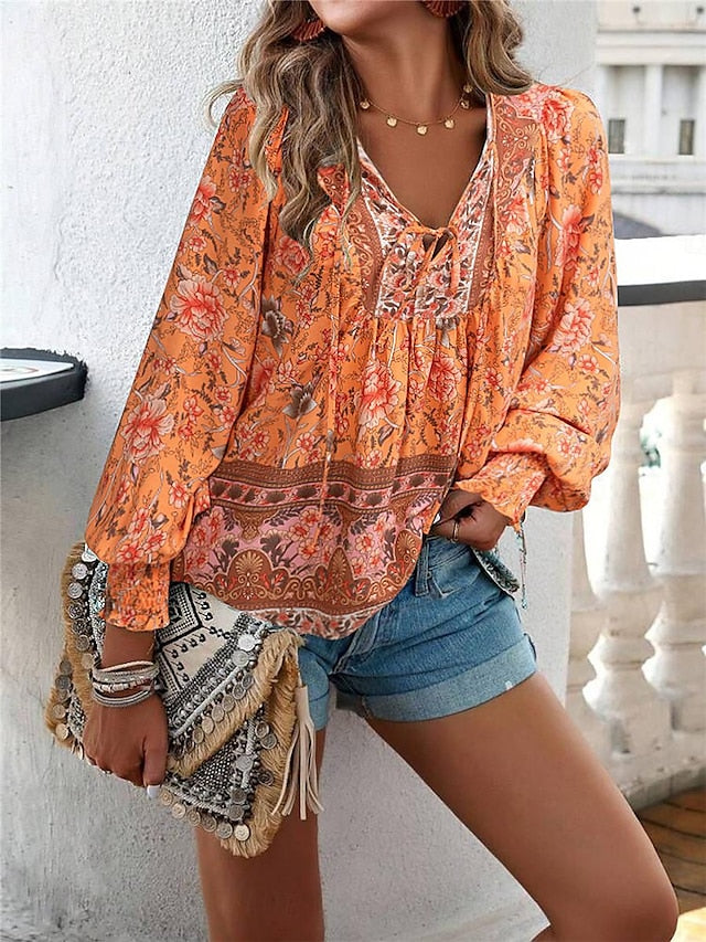 Women's Shirt Blouse Floral Vacation Beach Lace up Print Pink Long Sleeve Casual Boho V Neck Summer