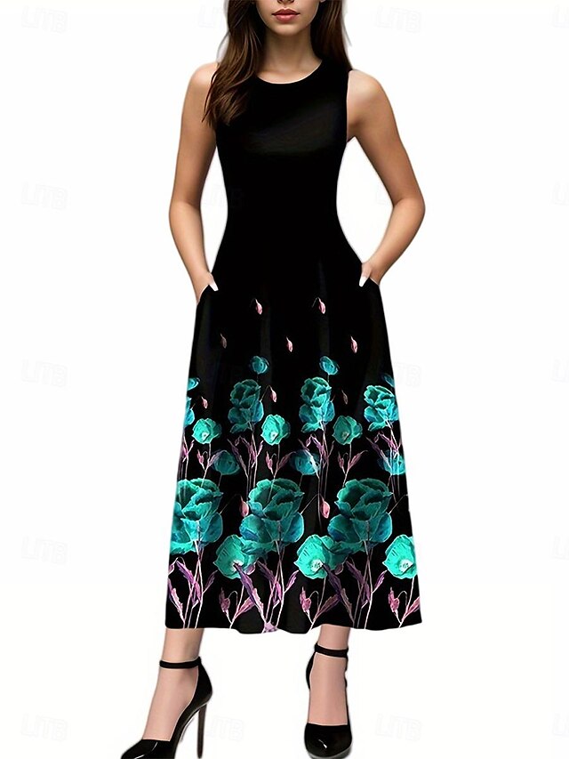 Women's Sundress Floral Print Crew Neck Long Dress Maxi Dress Elegant Stylish Party Daily Sleeveless Summer