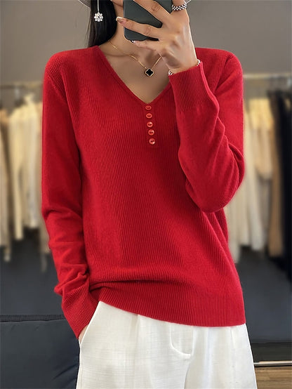 Women's Pullover Sweater Jumper V Neck Ribbed Knit Polyester Button Knitted Fall Winter Regular Outdoor Daily Holiday Fashion Streetwear Casual Long Sleeve Solid Color Black White Light Green S M L