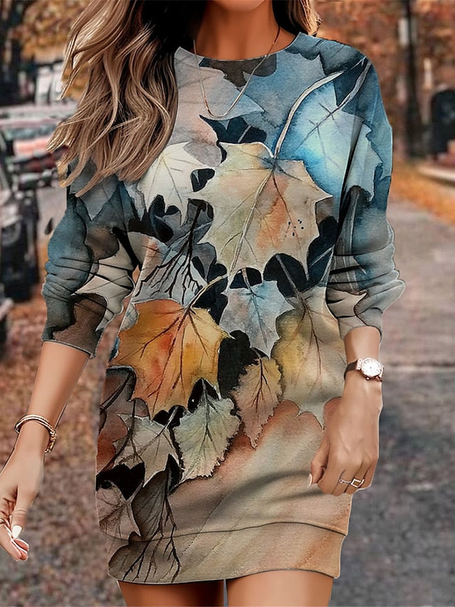 Women's Sweatshirt Dress Casual Dress Mini Dress Warm Fashion Outdoor Vacation Going out Crew Neck Print Leaf Animal Cow Regular Fit Yellow Blue khaki S M L XL XXL