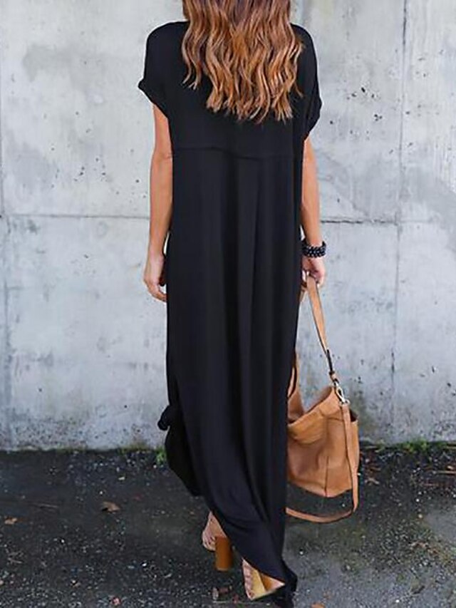 Women's T Shirt Dress Tee Dress Long Dress Maxi Dress Wine Red Green Black Short Sleeve Pure Color Pocket Spring Summer V Neck S M L XL 2XL 3XL 4XL 5XL - LuckyFash™