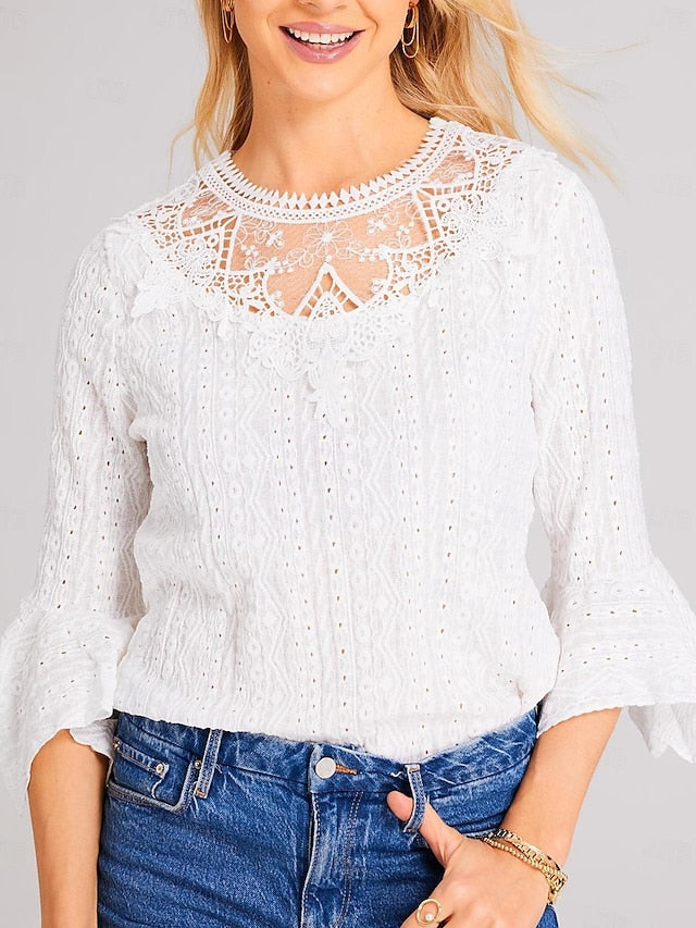 Women's Shirt Blouse Plain Contrast Lace Embroidered Eyelet White Half-Sleeve Elegant Basic Round Neck Summer