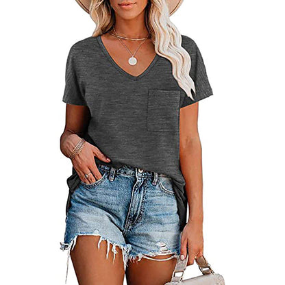 Women's T shirt Tee Plain Solid Colored Casual Daily Pocket Black Short Sleeve Basic Casual V Neck