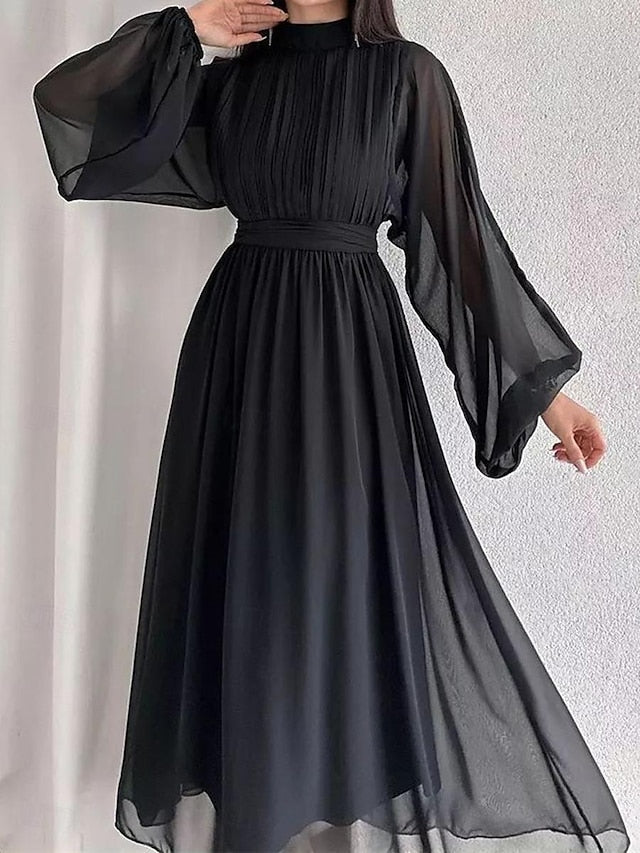 Women's White Dress Casual Dress Swing Dress Long Dress Maxi Dress Ruched Date Elegant Streetwear Stand Collar Long Sleeve Black White Pink Color