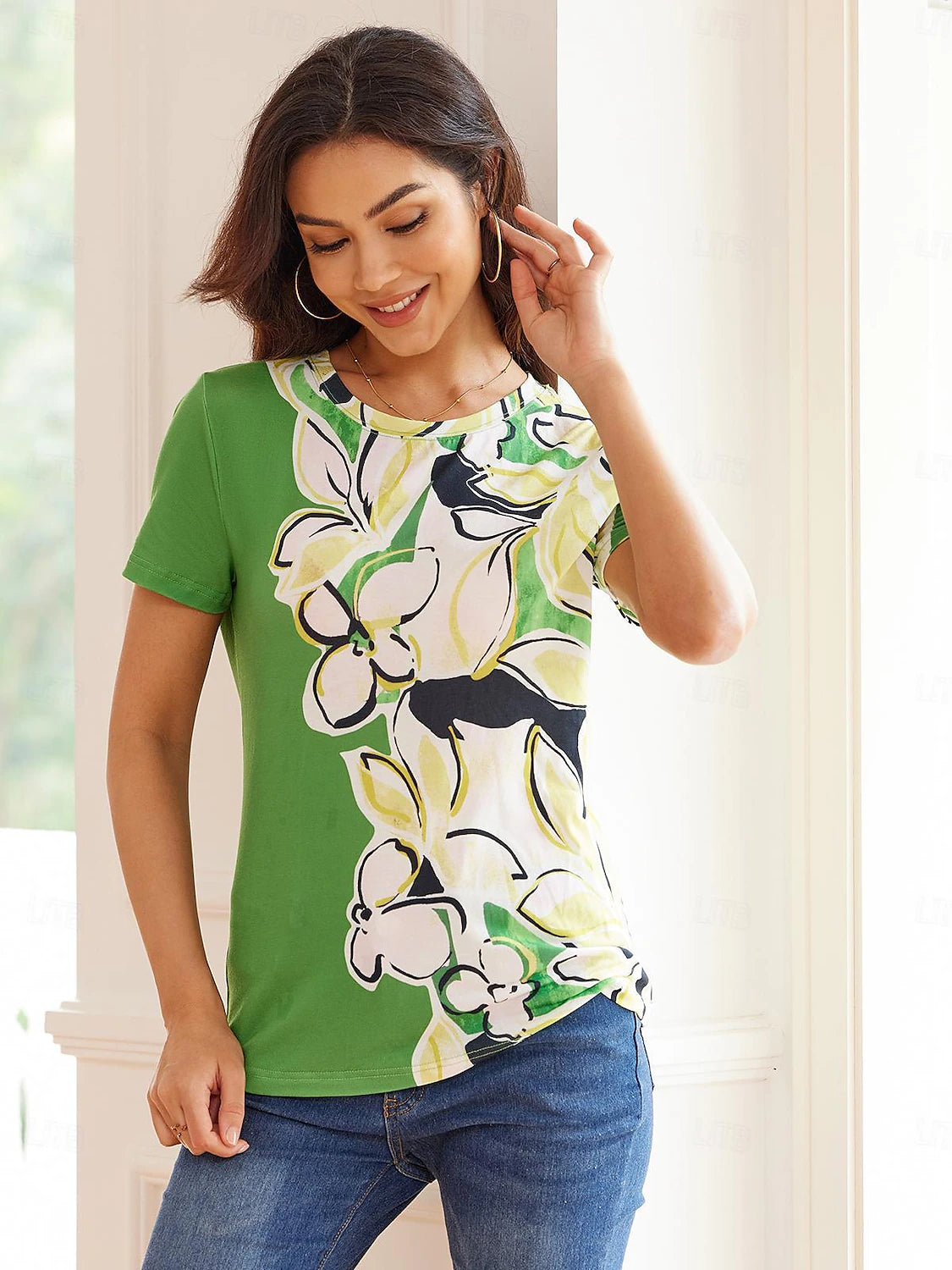 Women's T shirt Tee Floral Weekend Print Green Short Sleeve Fashion Crew Neck Summer