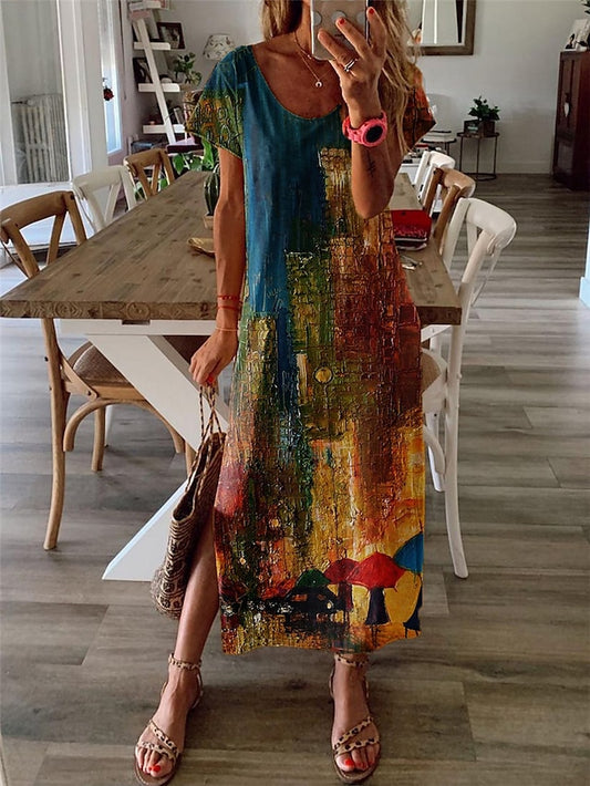 Women's Casual Dress Shift Dress Color Block Split Print V Neck Maxi long Dress Daily Short Sleeve Summer Spring
