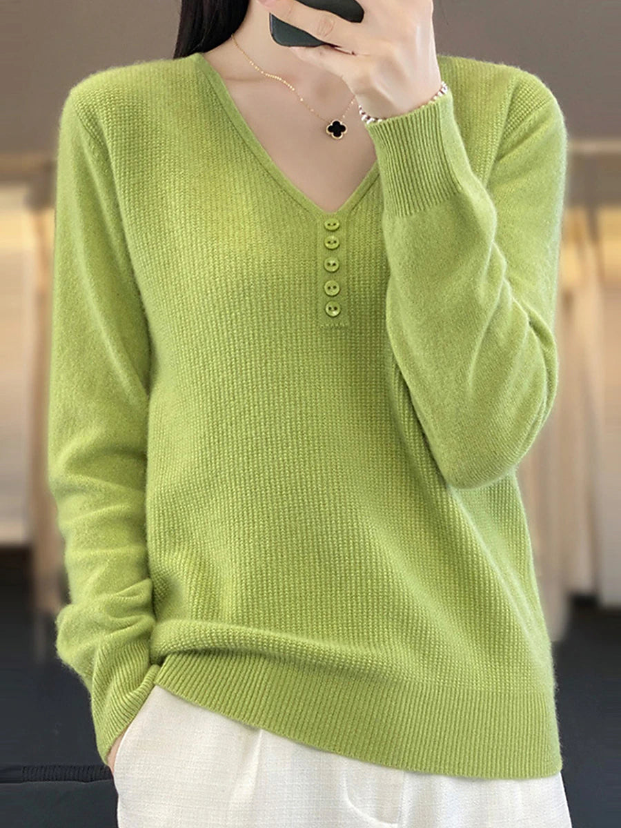 Women's Pullover Sweater Jumper V Neck Ribbed Knit Polyester Button Knitted Fall Winter Regular Outdoor Daily Holiday Fashion Streetwear Casual Long Sleeve Solid Color Black White Light Green S M L