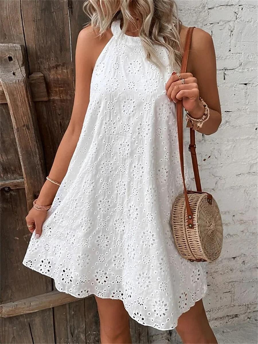 Women's White Dress Lace Dress Casual Dress Mini Dress Cotton Eyelet Daily Vacation Halter Neck Sleeveless Summer Spring Black White Plain