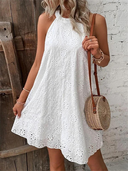 Women's White Dress Lace Dress Casual Dress Mini Dress Cotton Eyelet Daily Vacation Halter Neck Sleeveless Summer Spring Black White Plain