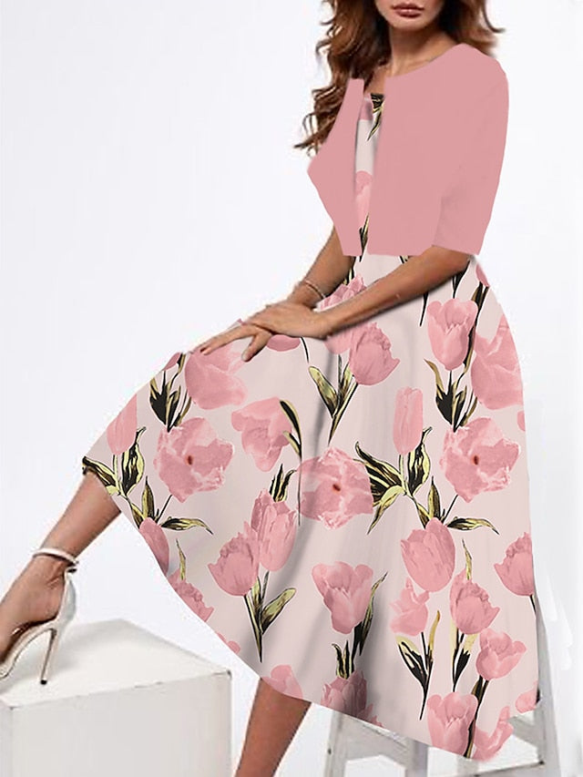 Women's Two Piece Dress Set Casual Dress Tank Dress Outdoor Daily Fashion Streetwear Print Midi Dress Strap Half Sleeve Floral Loose Fit Pink Dark Pink Peach Summer Spring S M L XL XXL - LuckyFash™