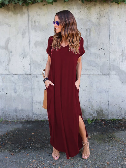 Women's T Shirt Dress Tee Dress Long Dress Maxi Dress Wine Red Green Black Short Sleeve Pure Color Pocket Spring Summer V Neck S M L XL 2XL 3XL 4XL 5XL - LuckyFash™