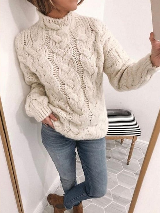 Women's Pullover Sweater Knitted Solid Color Basic Casual Chunky Long Sleeve Sweater Cardigans Turtleneck Fall Winter Yellow Blushing Pink Gray