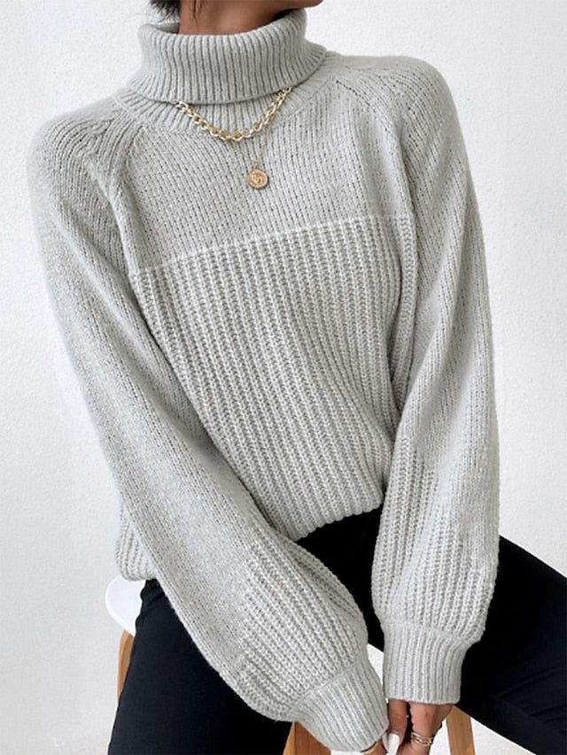 Women's Pullover Sweater Jumper Turtleneck Cable Waffle Knit Polyester Braided Fall Winter Long Party Going out Weekend Stylish Casual Soft Long Sleeve Solid Color Pink Gray S M L