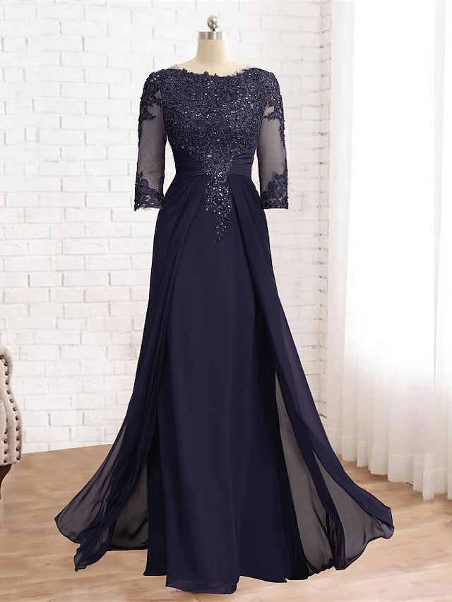 Sheath / Column Mother of the Bride Dress Formal Wedding Guest Elegant Sparkle & Shine Jewel Neck Asymmetrical Floor Length Chiffon Lace 3/4 Length Sleeve with Sequin Appliques 2023 - LuckyFash™