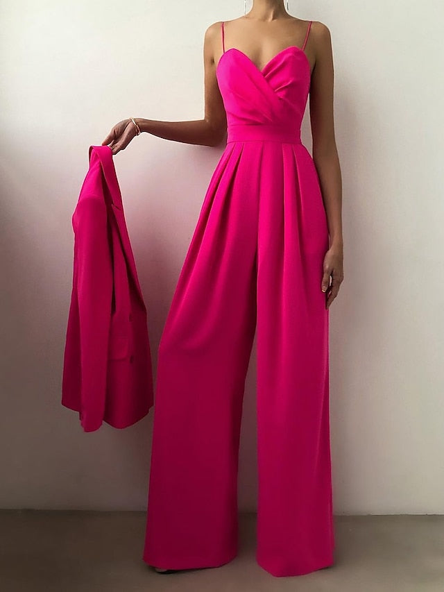 Women's Summer V Neck Spaghetti Straps  Elegant Wedding Party Jumpsuit High Waist Wide Leg Pleated Long Pants Casual Rompers with Pockets - LuckyFash™