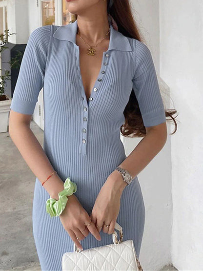 Women's Sweater Dress Knit Dress Jumper Dress Midi Dress Knitwear Active Fashion Pure Color Outdoor Casual Holiday Vacation V Neck Short Sleeve Button 2023 Regular Fit Black Yellow Pink S M L XL XXL