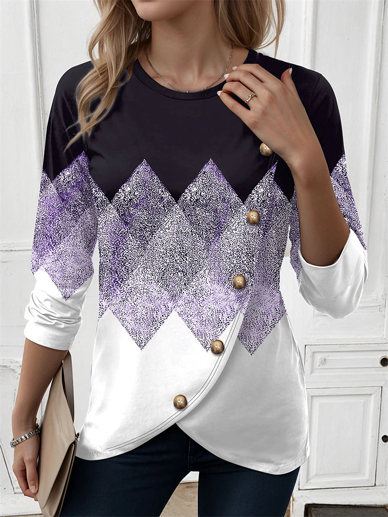 Women's T shirt Tee Plaid Casual Print Purple Long Sleeve Fashion Crew Neck Spring &  Fall