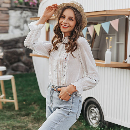 Women's Shirt Lace Shirt Blouse Eyelet top Plain Daily Weekend Lace Patchwork Button White Long Sleeve Elegant Vintage Fashion Standing Collar Spring Fall