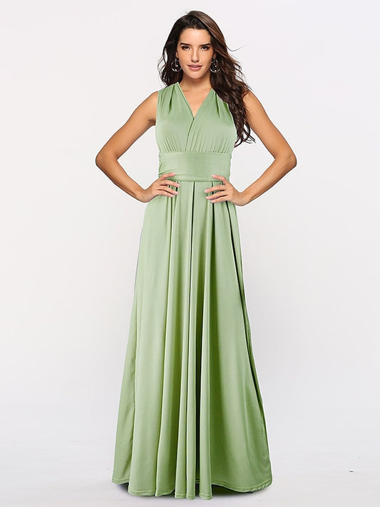 A-Line Bridesmaid Dress Halter / V Neck Sleeveless Convertible Floor Length Spandex with Sash / Ribbon / Pleats 2022 - LuckyFash™