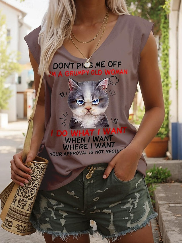 Women's Tank Top Cat Letter Casual Print Pink Sleeveless Fashion V Neck Summer