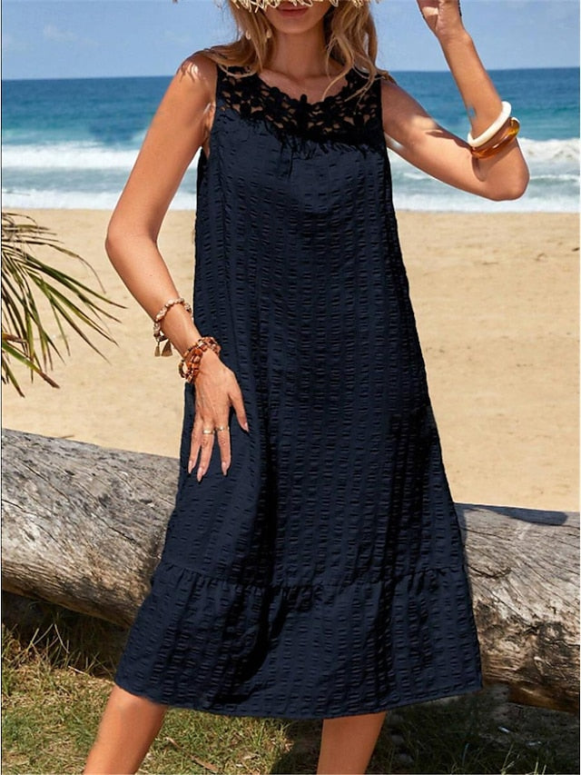 Women's White Dress Casual Dress Tank Dress Midi Dress Lace Patchwork Date Vacation Beach Streetwear Crew Neck Sleeveless White Yellow Dark Blue Color