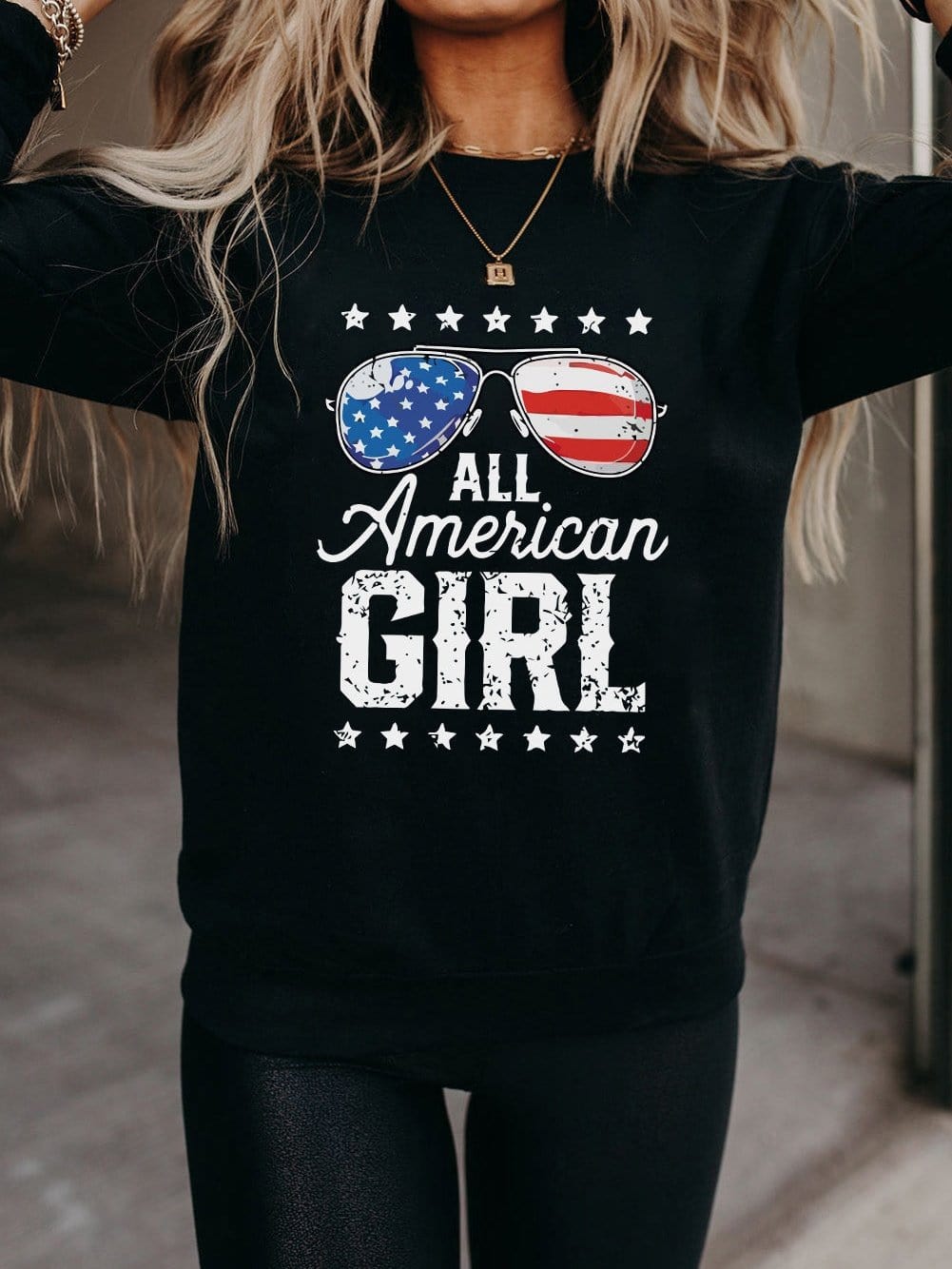 All American Girl Black Flag Print Long Sleeve Sweater