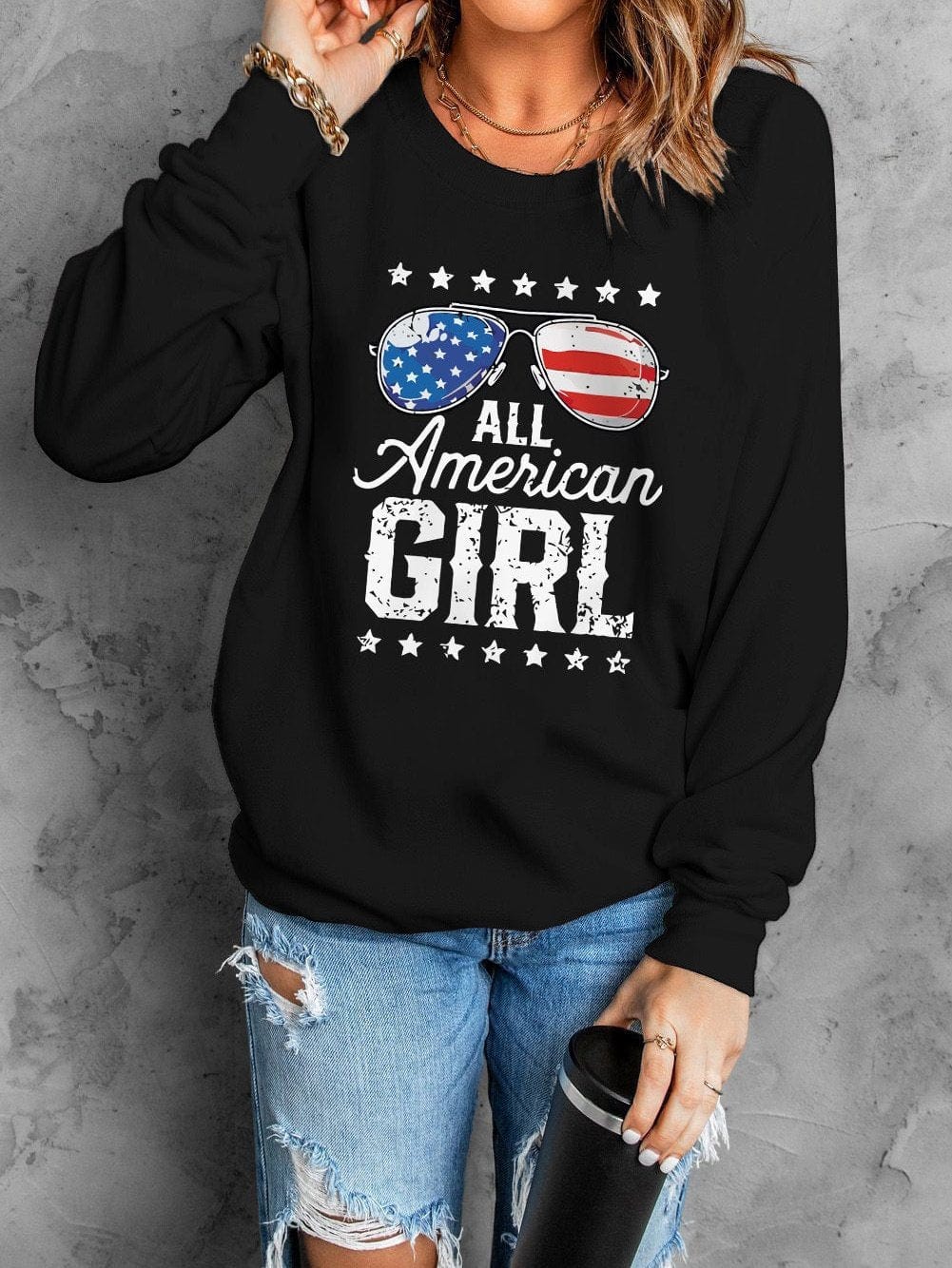 All American Girl Black Flag Print Long Sleeve Sweater