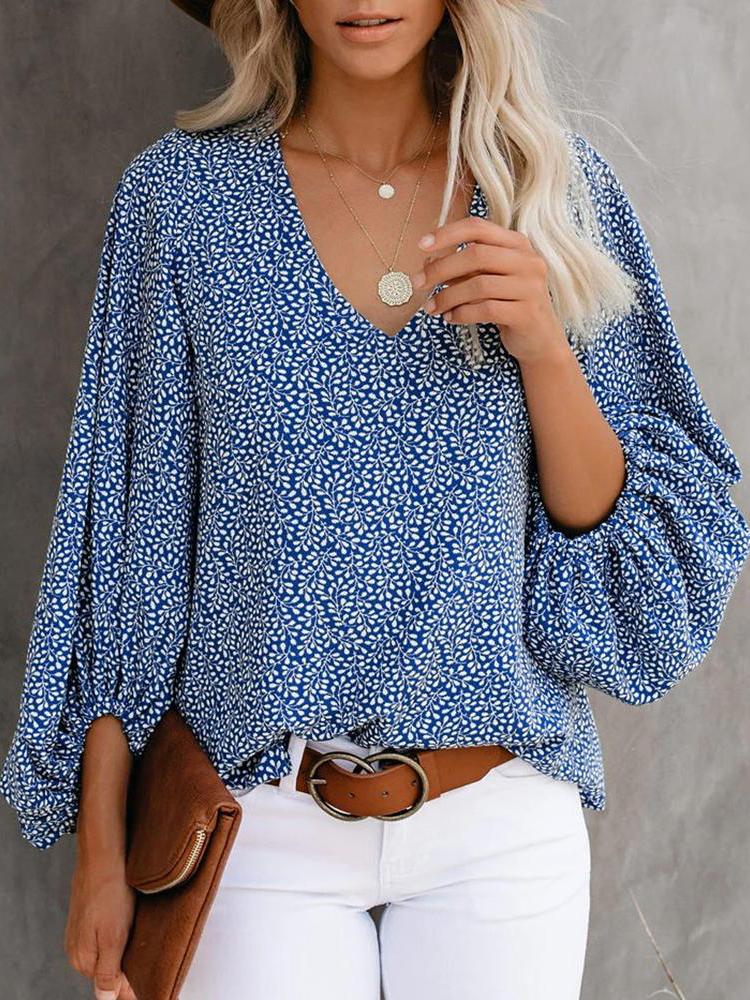 All Over Print Surplice Neck Lantern Sleeve Blouse