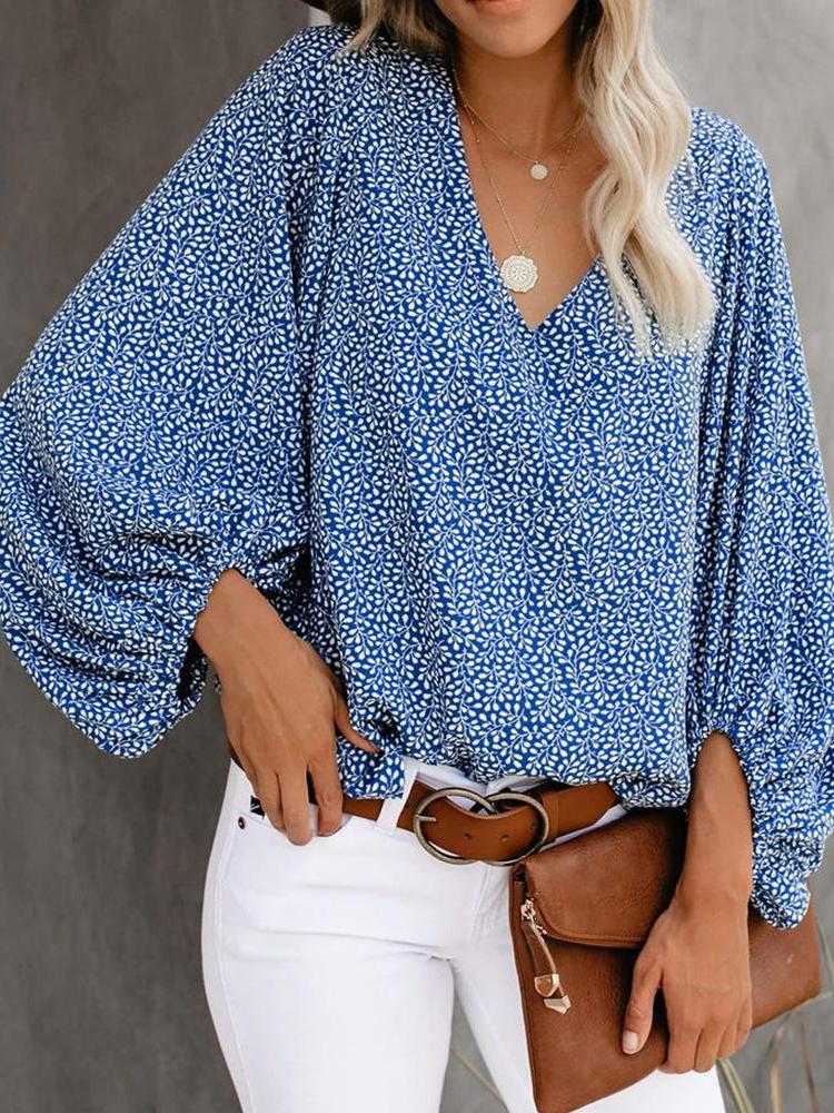 All Over Print Surplice Neck Lantern Sleeve Blouse