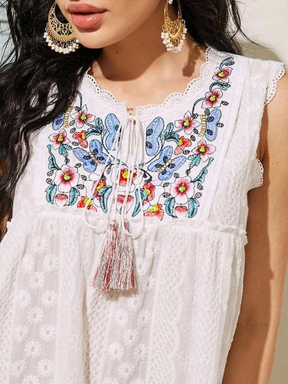 Women's White Dress Lace Dress Casual Dress Mini Dress Cotton Lace Ruffle Date Vacation Maxi V Neck Sleeveless White Color