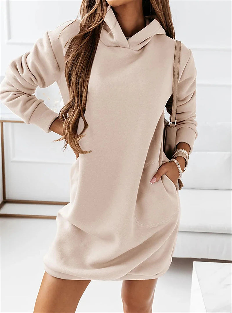 Women‘s Hoodie Dress Winter Dress Knee Length Dress Black khaki Brown Long Sleeve Fall Solid Color Patchwork Winter Casual Loose S M L XL XXL XXXL