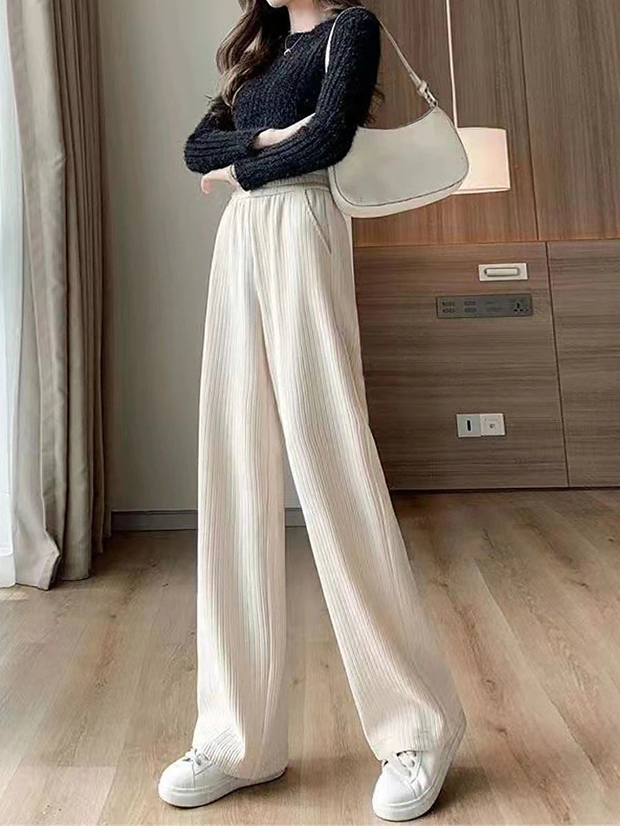 Women‘s Fleece Pants Wide Leg Pants Trousers Full Length Baggy Micro-elastic High Waist Fashion Streetwear Outdoor Street Black White S M Fall Winter