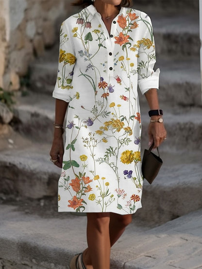 Women's Shirt Dress Casual Dress Cotton Linen Dress Midi Dress Button Pocket Daily Vacation Shirt Collar Long Sleeve Summer Spring Fall White Yellow Floral Feather