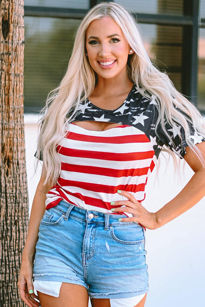 American Flag Cutout Print Black T-Shirt