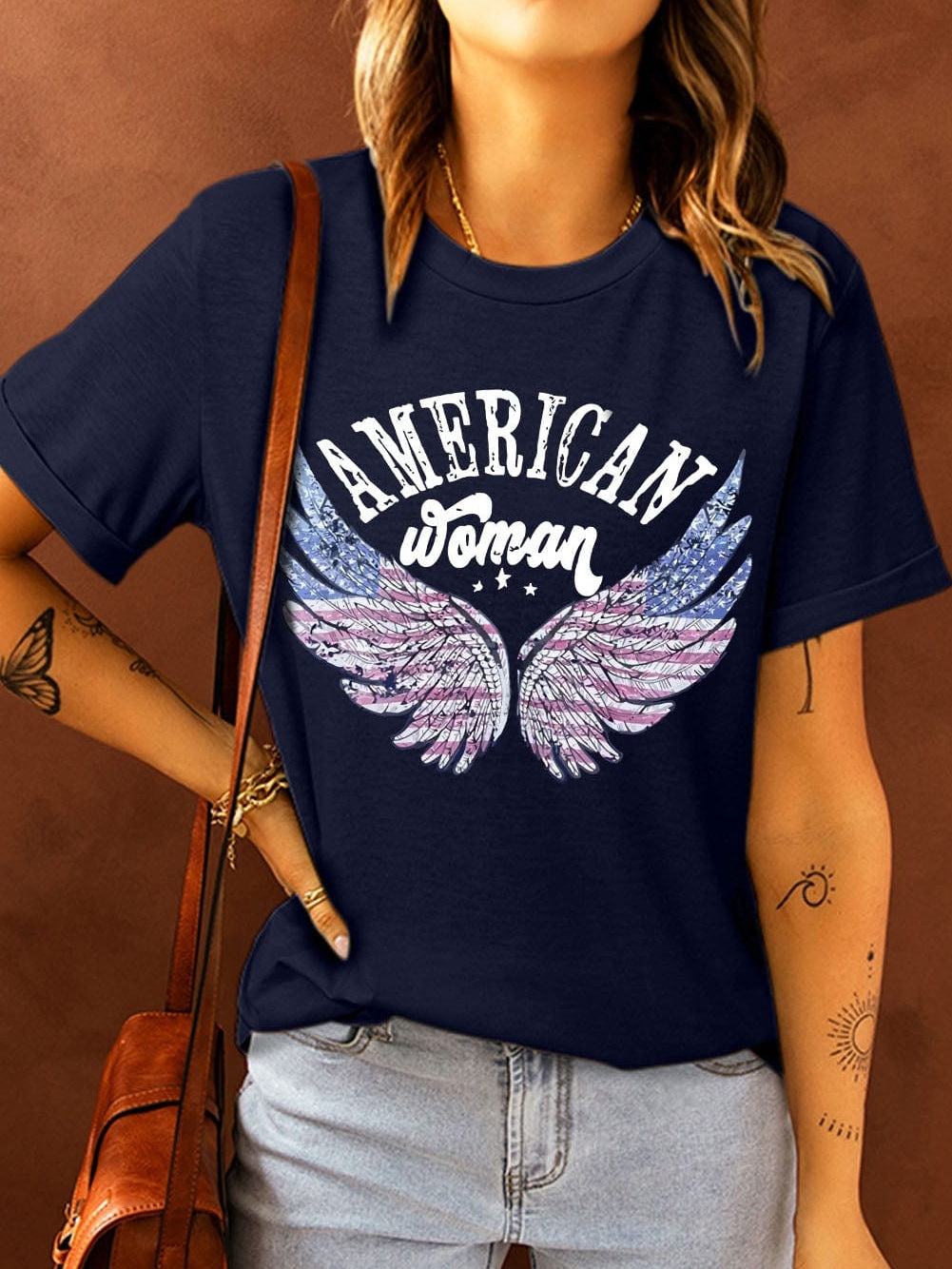 American Flag Eagle Wing Graphic Tee in Blue for Women