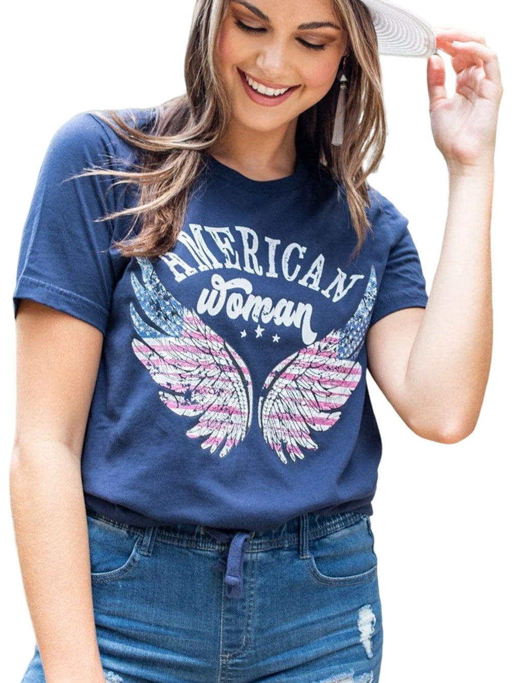 American Flag Eagle Wing Graphic Tee in Blue for Women