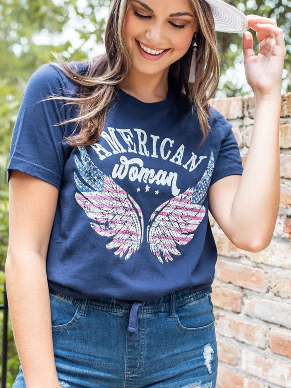 American Flag Eagle Wing Graphic Tee in Blue for Women